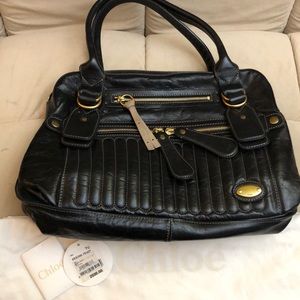 Chloe Quilted Bay Black large satchel handbag.